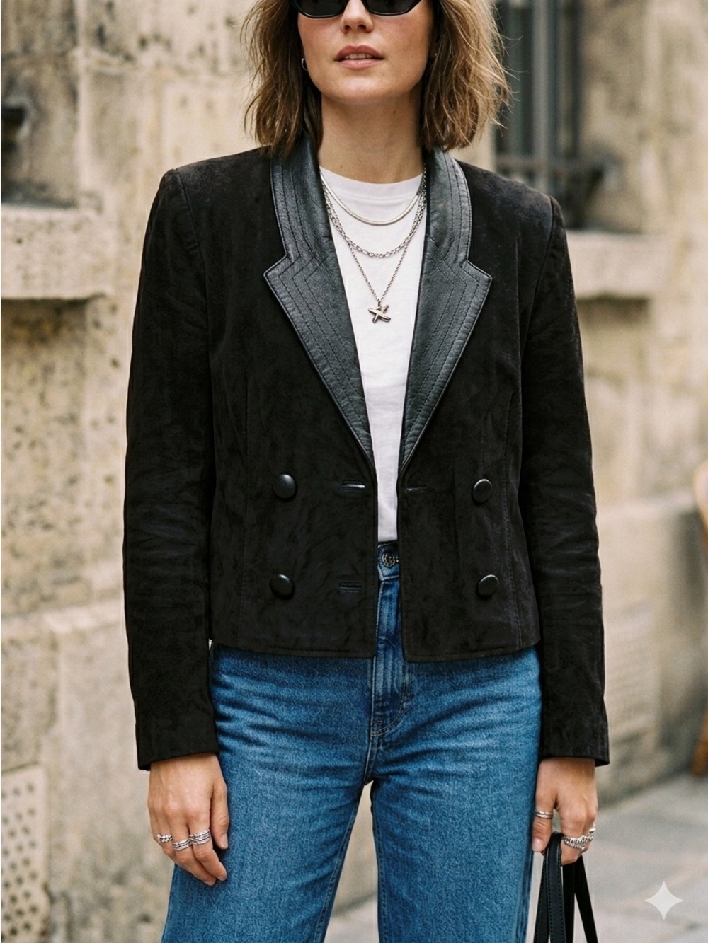 Vintage 1980s Danier black suede leather cropped blazer jacket - size Small (S) - Picture 2 of 6